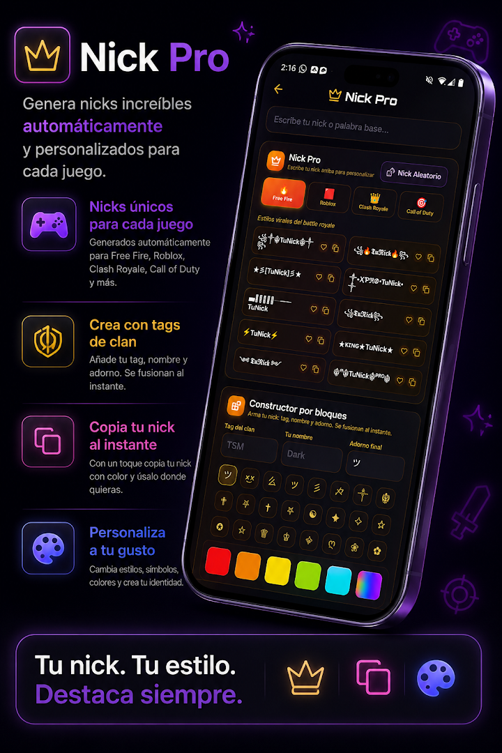 Nick Pro con categorías Gaming, Premium y Aesthetic